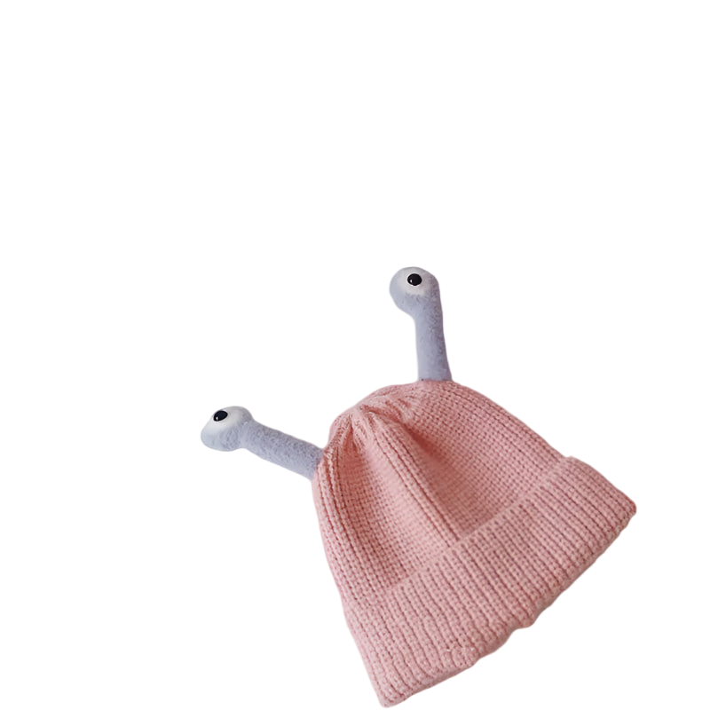 Pink knit baby hat with blue arms and legs on a light gray background