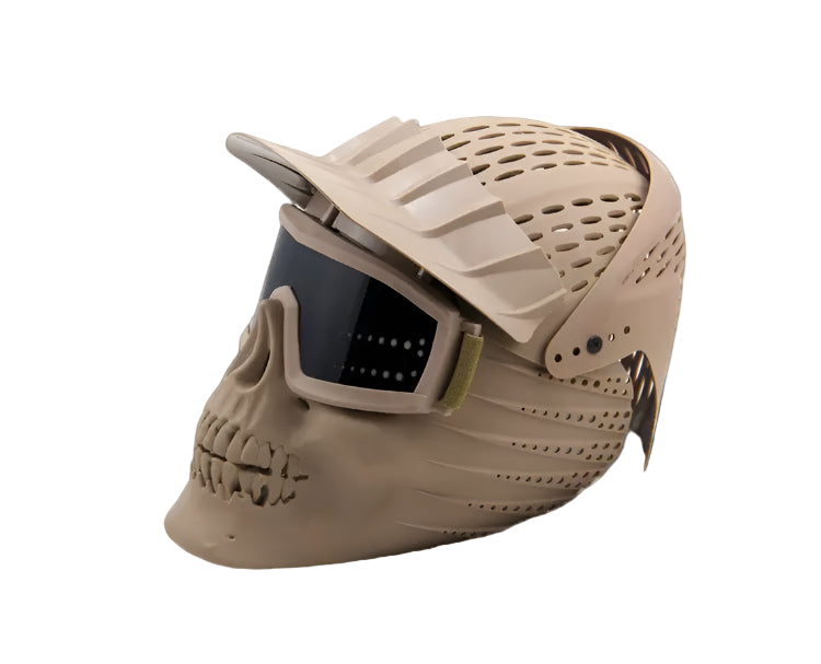 Tan tactical mask with skull design on a white background