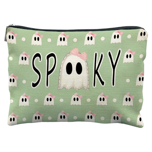 Pouch with ghost pattern and 'SPooky' text on a green background