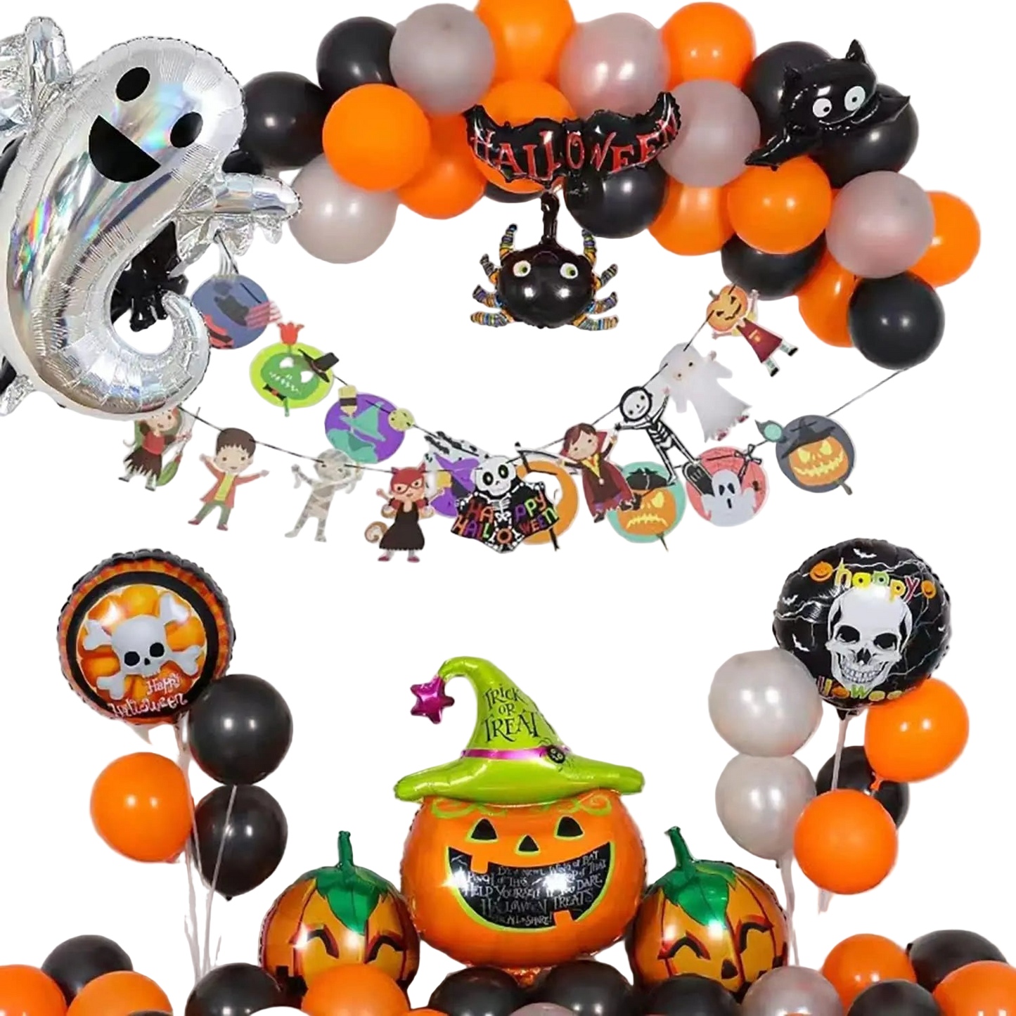 Halloween-themed balloon arch with balloons, banners, and decorations on a white background.