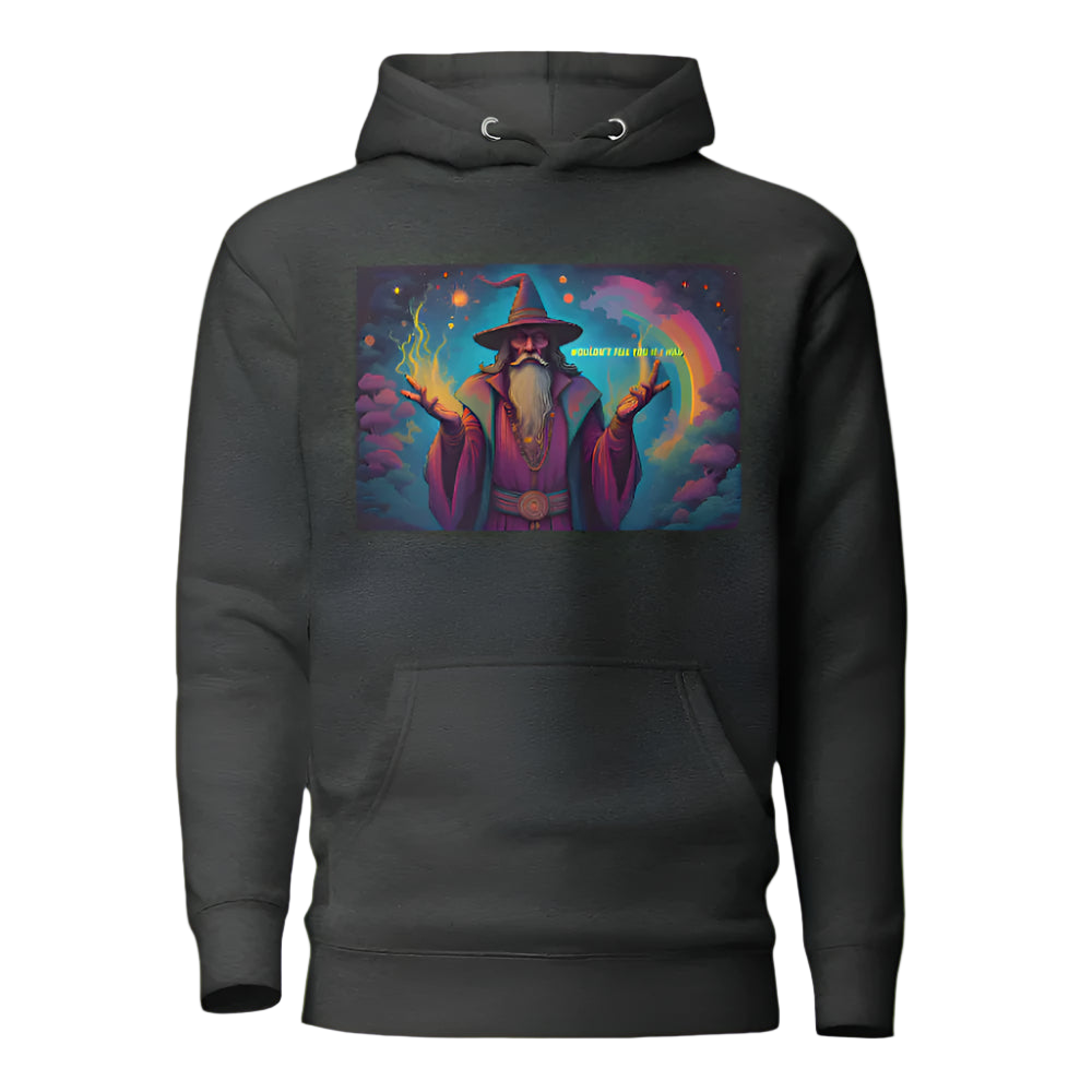 Dark gray hoodie with a colorful wizard graphic on a white background
