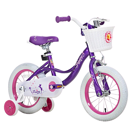 Purple children's bicycle with pink accents and a basket on a white background