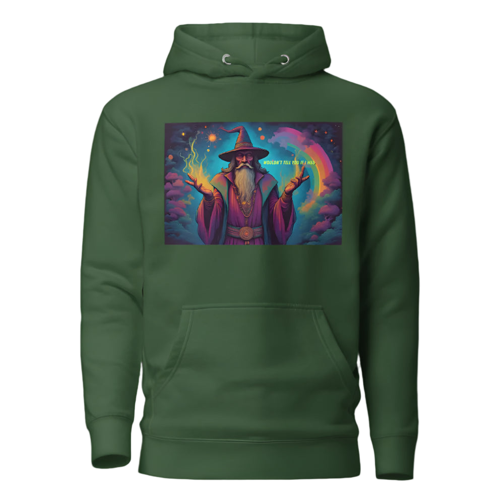 Green hoodie with a wizard graphic on a white background