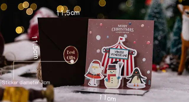 Christmas-themed card with stickers and measurements against a festive background