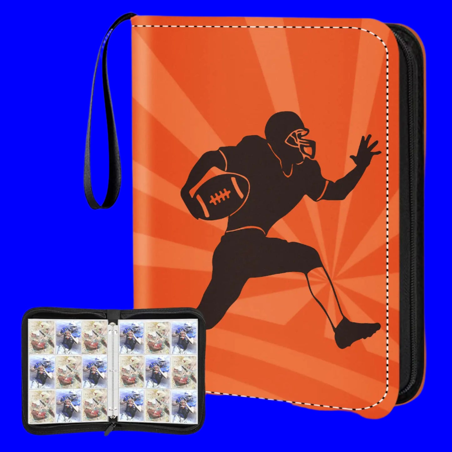Orange and black sports trading card album with a football player design