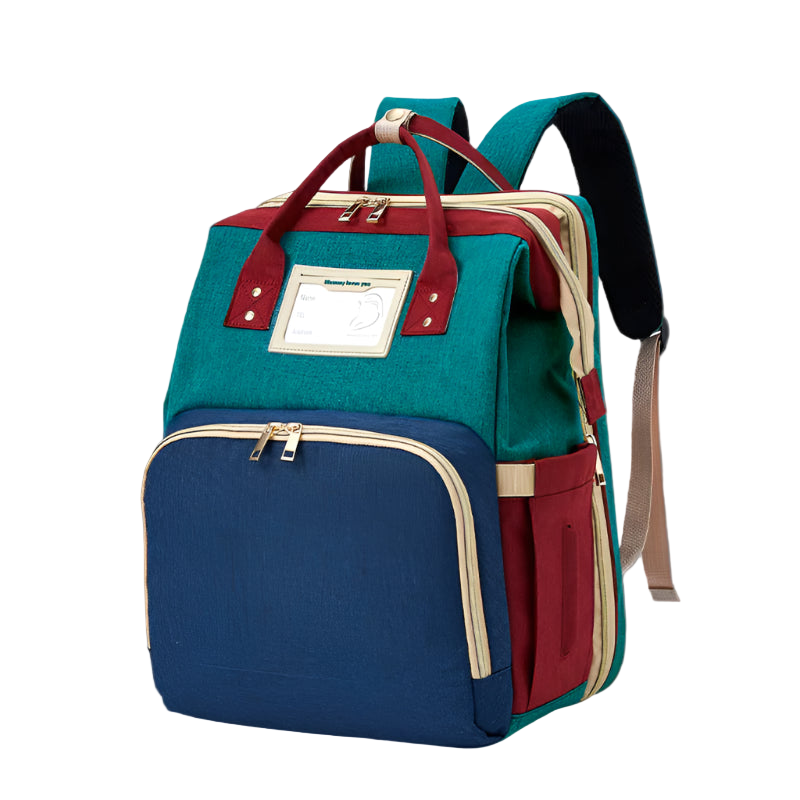 Multicolored backpack with teal, blue, and red sections on a white background