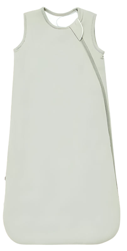 Light green baby sleeping bag with temperature rating on a white background