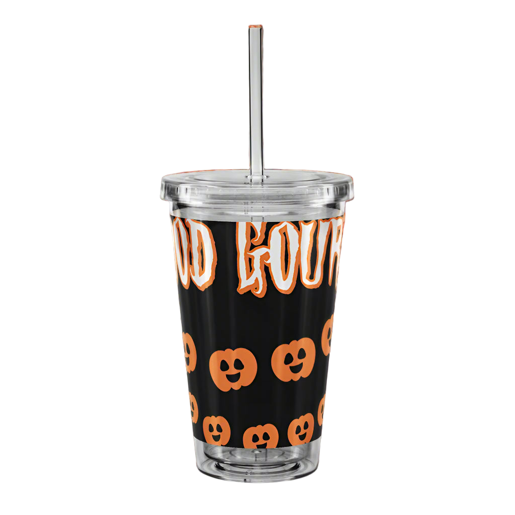 Halloween-themed tumbler with 'Good Halloween' text and pumpkin patterns on a white background