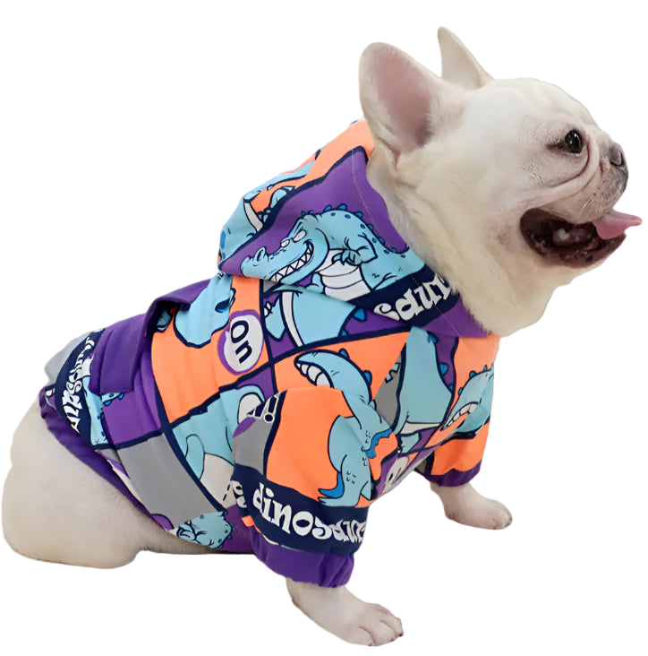 Dog wearing a colorful dinosaur-themed jacket on a light background