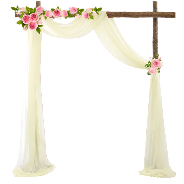 Decorative arch with pink flowers and white fabric on a white background