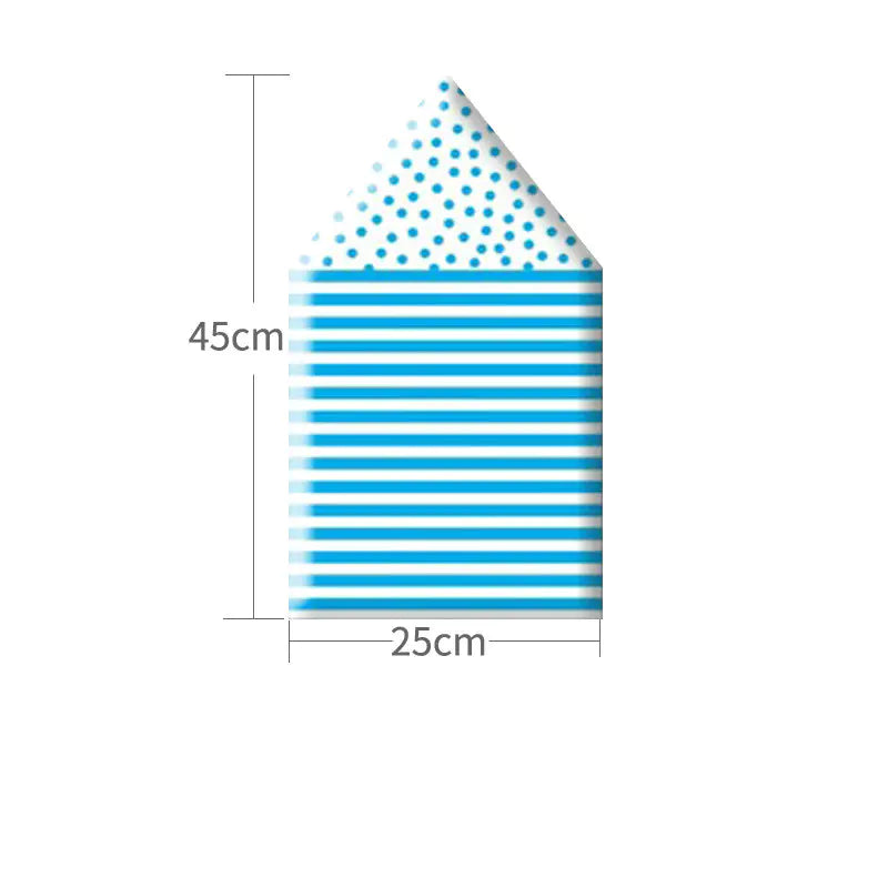 Blue and white striped fabric with measurements on a white background