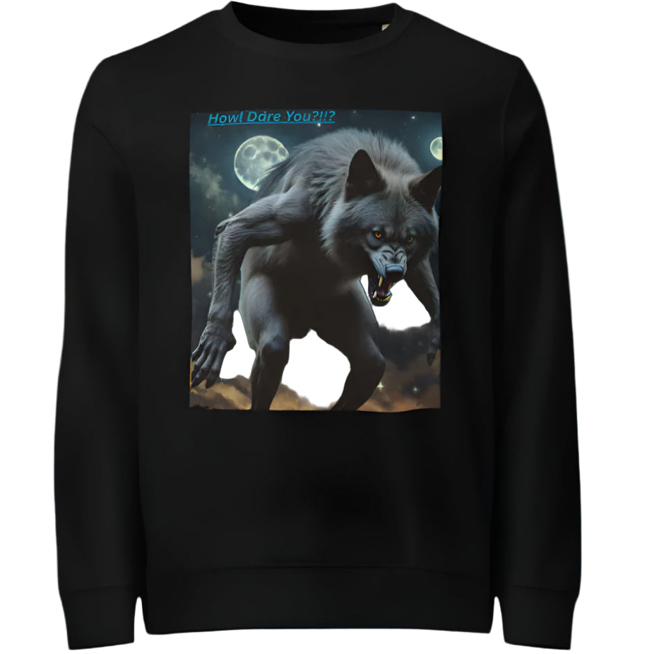 Black sweatshirt with a graphic of a werewolf howling at the moon on a white background