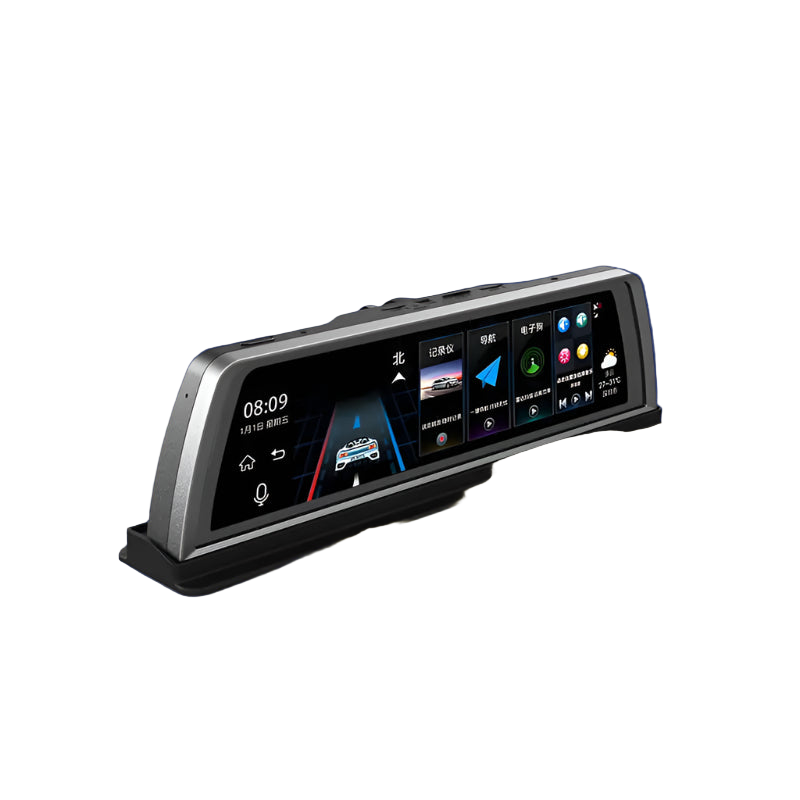 Car dashboard monitor with touchscreen interface on a white background
