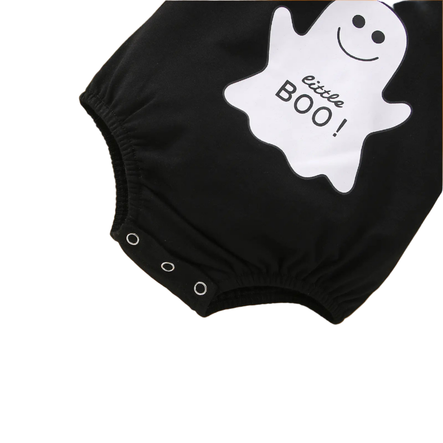 Black baby romper with a white ghost design and 'little BOO!' text on a beige background