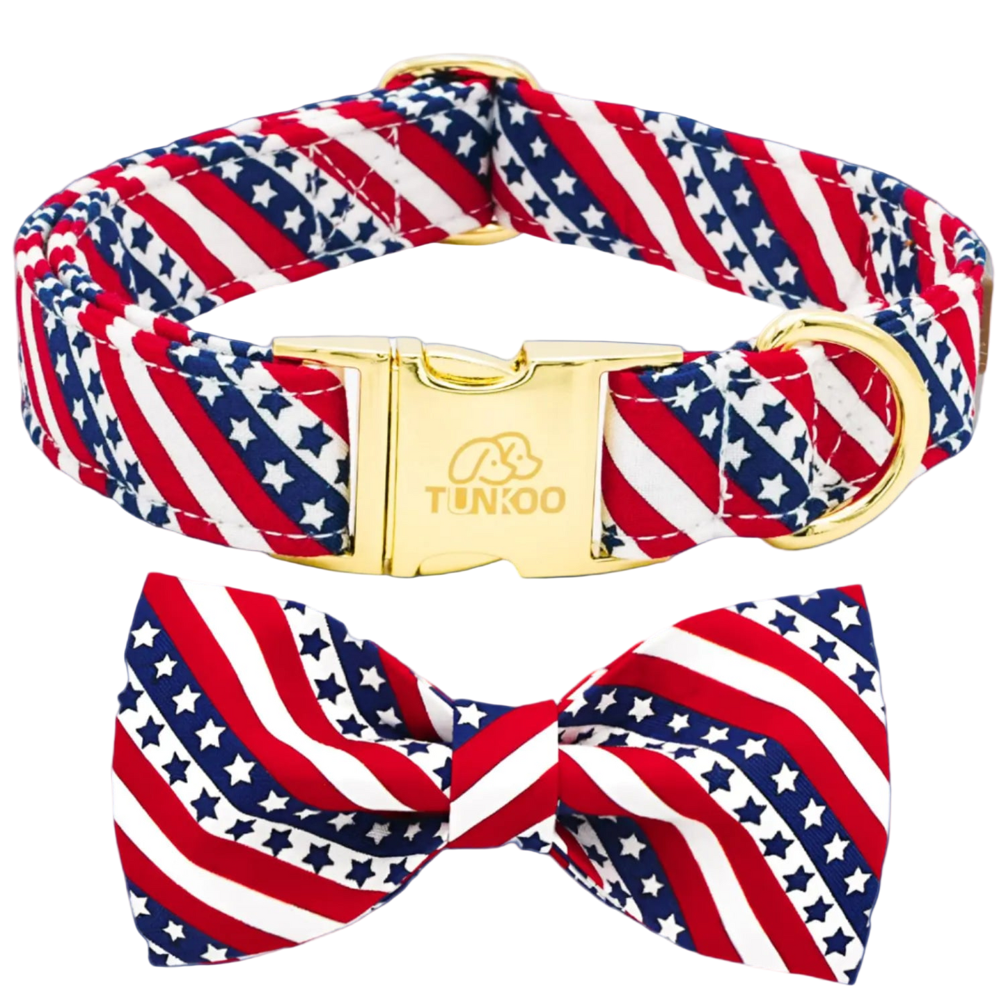 Dog collar and bow tie set with American flag pattern on a white background