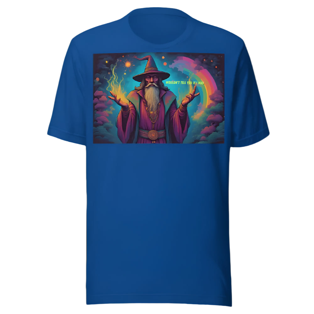 Blue t-shirt with a colorful graphic of a wizard on a white background