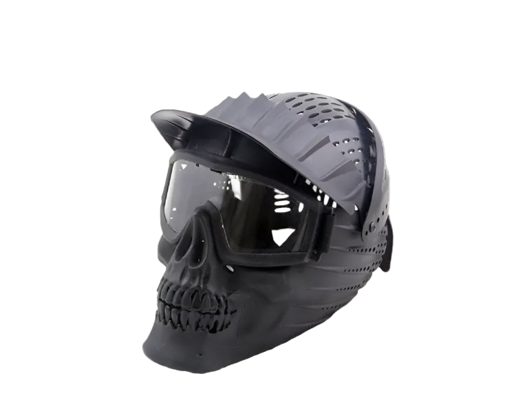 Black skull-themed helmet with visor on a white background