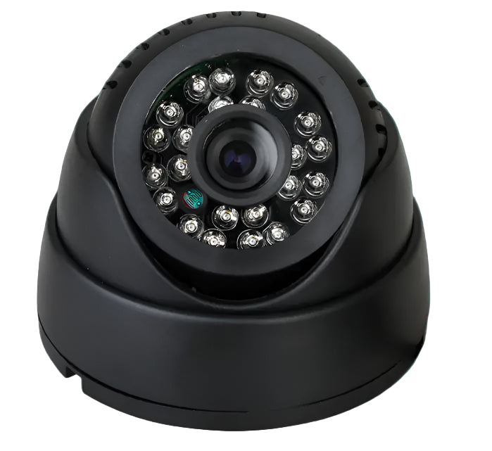 Black security camera with LED lights on a transparent background