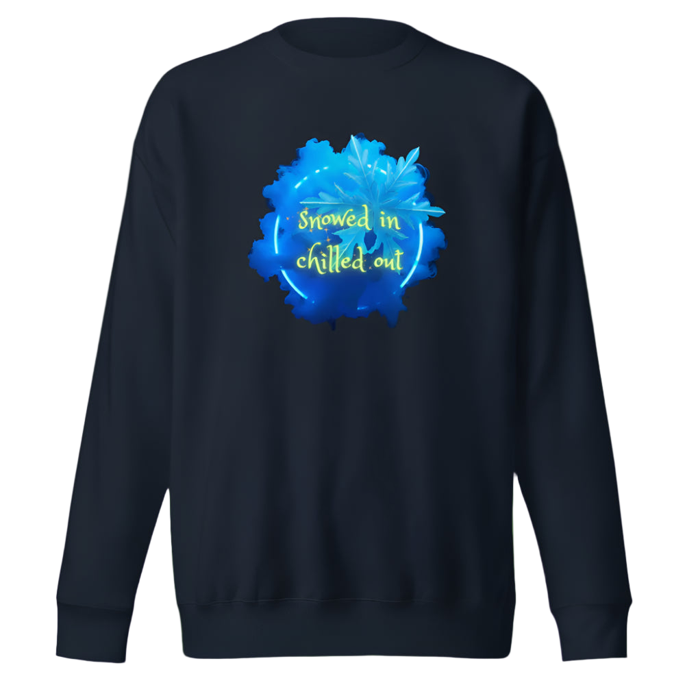 Black sweatshirt with blue graphic and text 'Snowed in, chilled out' on a white background