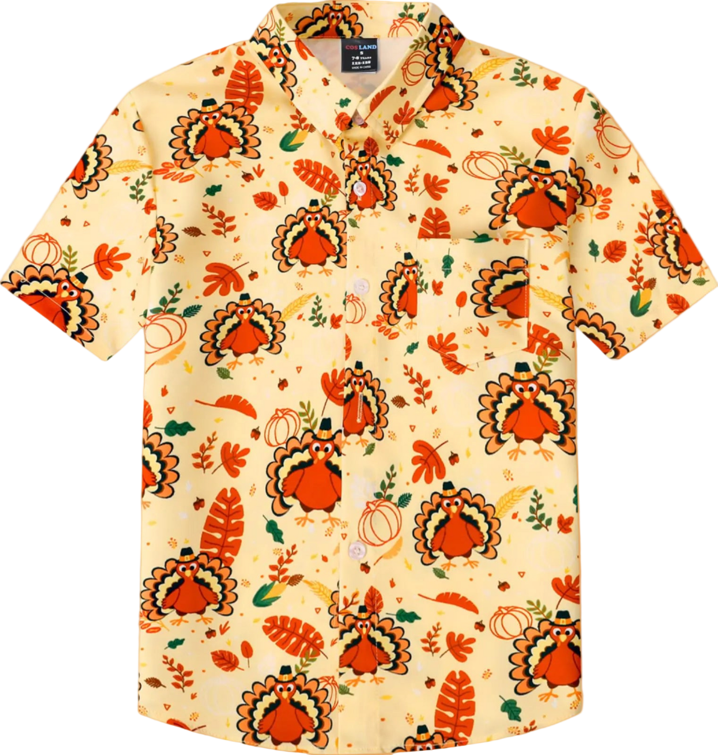 Beige shirt with Thanksgiving-themed turkey and leaf pattern on a white background