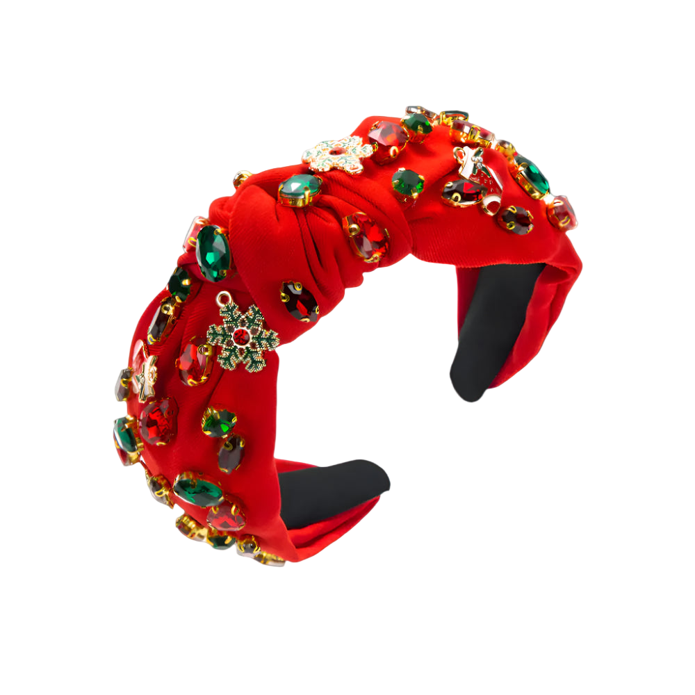 Red headband with gemstone embellishments on a white background