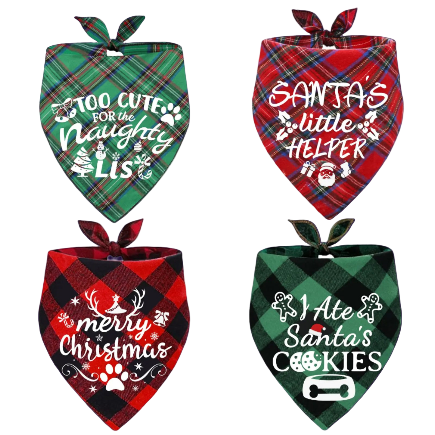 Four plaid pet bandanas with Christmas-themed text on a white background