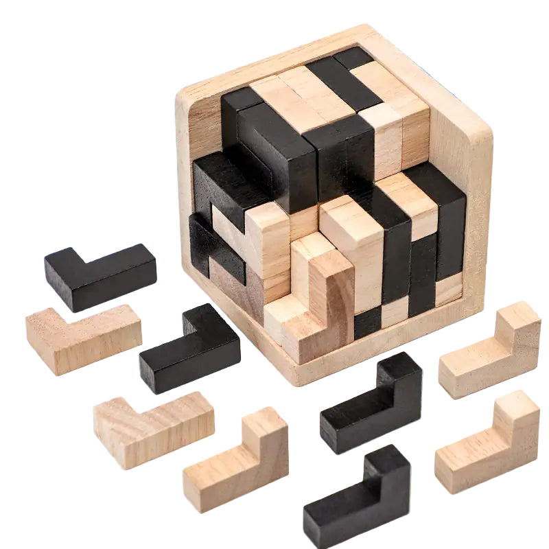 Wooden puzzle with black and beige pieces on a blue background