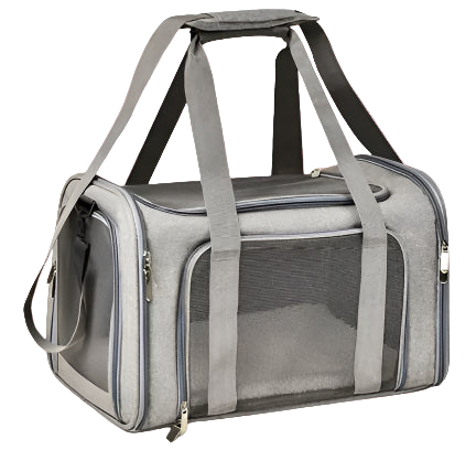 Gray pet carrier with mesh side on a white background