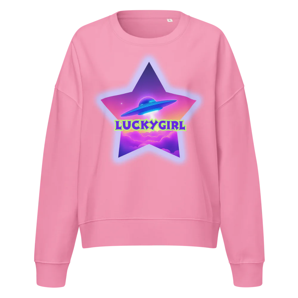 Pink sweatshirt with a star-shaped graphic and 'LUCKYGIRL' text on a white background