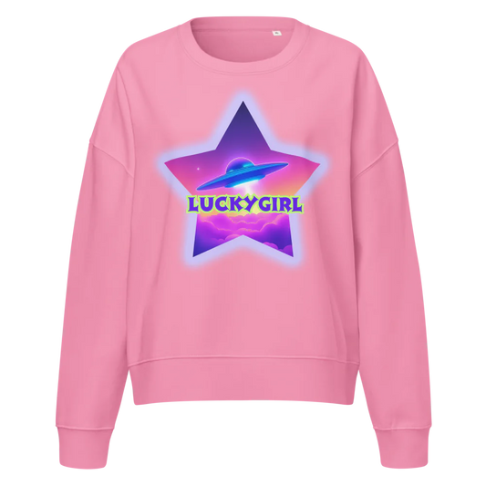 Pink sweatshirt with a star-shaped graphic and 'LUCKYGIRL' text on a white background