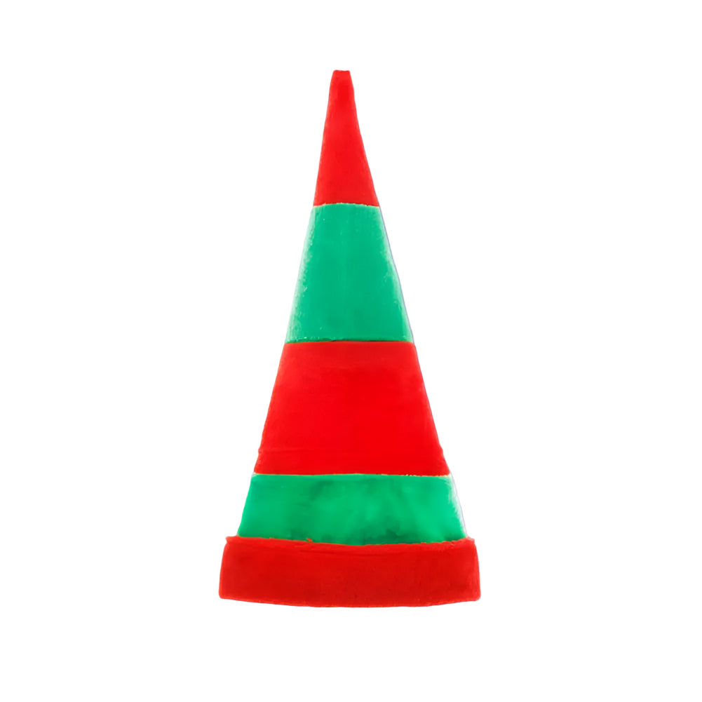 Red and green striped cone-shaped hat on a white background