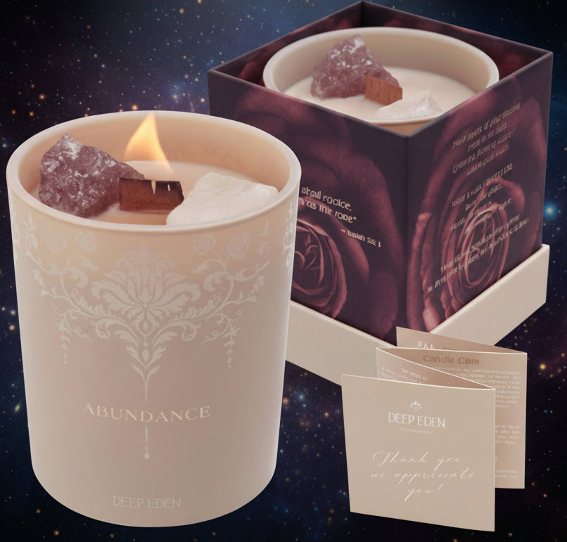 Luxury Crystal Candle with Velvet Rose & Patchouli Scent - Aromatherapy for Manifestation & Abundance with Strawberry & Clear Quartz - Lucky Girl Gifts
