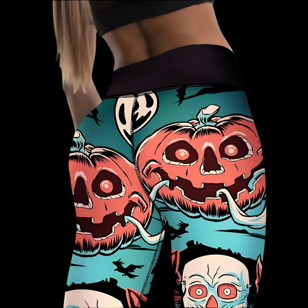 Leggings with Halloween-themed design featuring pumpkins and ghosts on a blue background.