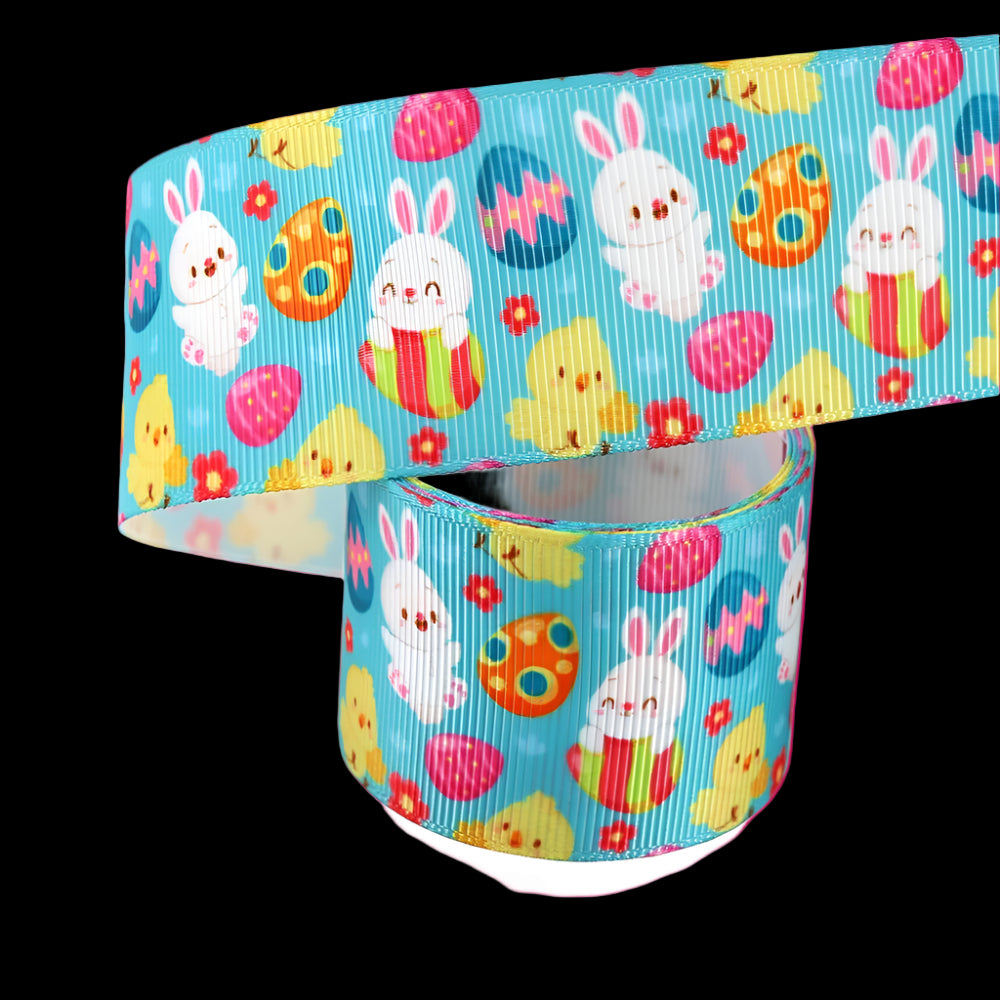 Grosgrain ribbon with Easter-themed design on a white background