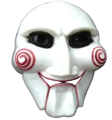 White mask with red spiral design on a black background