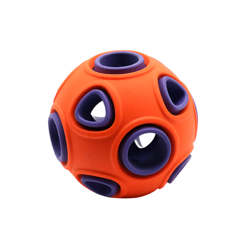 Orange and purple ball-shaped toy on a white background