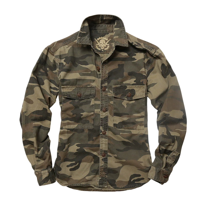 Camouflage shirt with a skull and crossbones design on a gray background