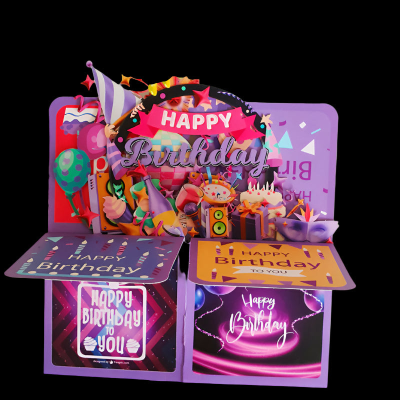 Pop-up birthday card with colorful design and 'Happy Birthday' text.