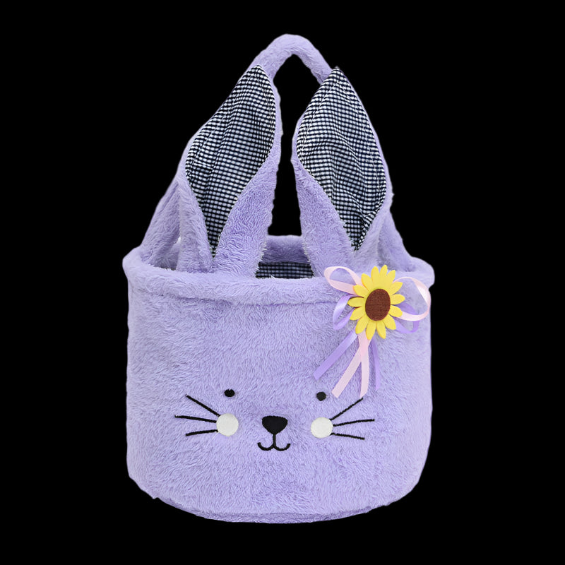 Purple bunny-shaped bag with checkered ears and a sunflower bow on a white background