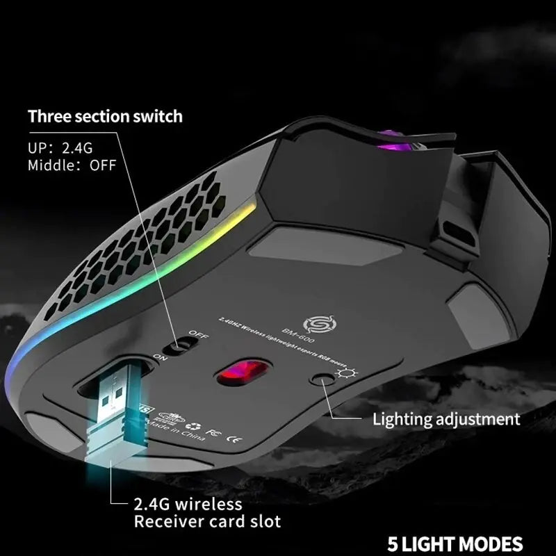 Gaming mouse with labeled features on a dark background