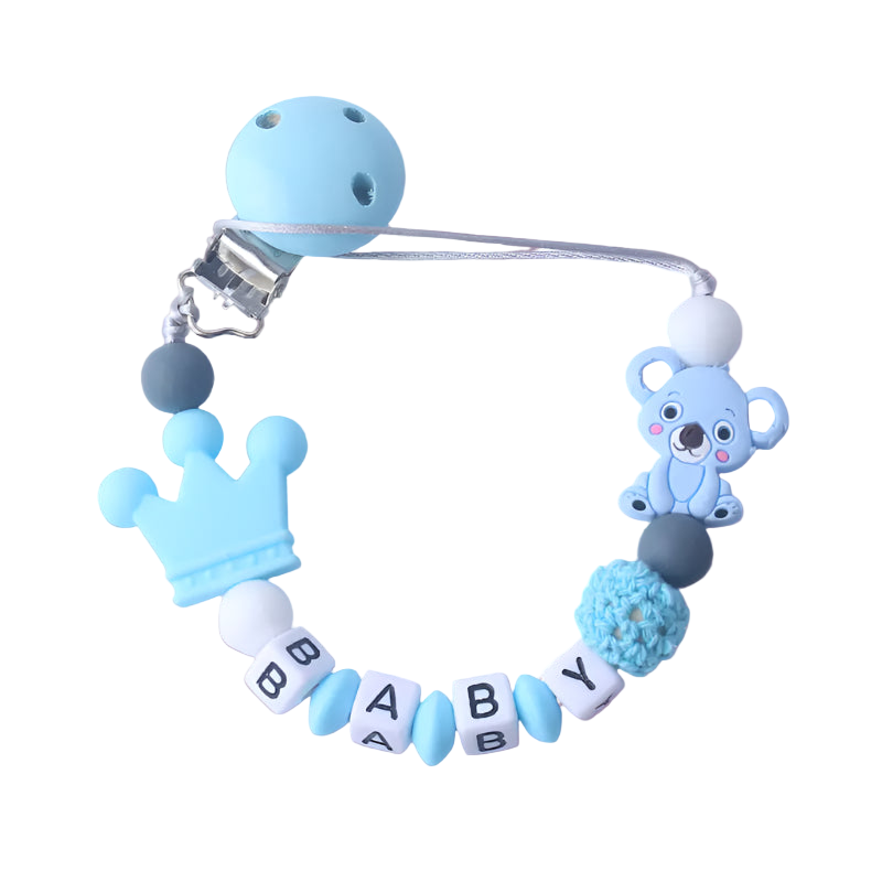 Baby teething toy with blue and gray accents on a white background