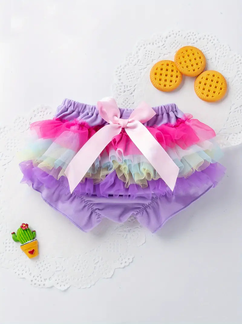Pretty Frilly Little Ballerina Tutu Mesh Shorts with Ribbon Bow for Baby Girls Diaper Cover Clothing