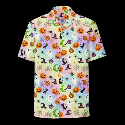 Colorful Halloween-themed shirt with pumpkins, ghosts, and cats on a white background