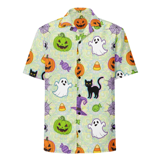 Halloween-themed shirt with pumpkins, ghosts, cats, and candy on a light green background