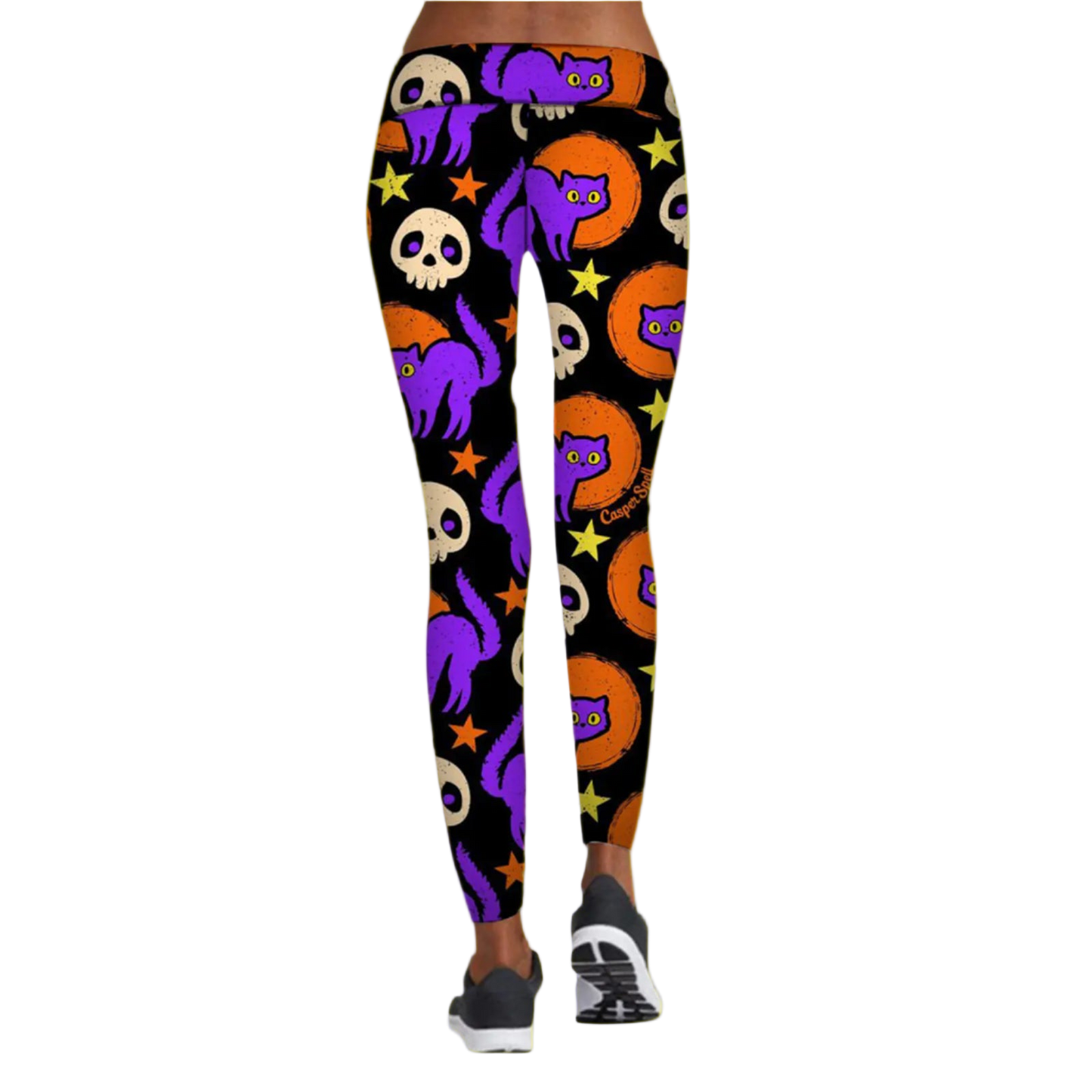 Leggings with Halloween-themed design featuring cats, skulls, and pumpkins on a black background.