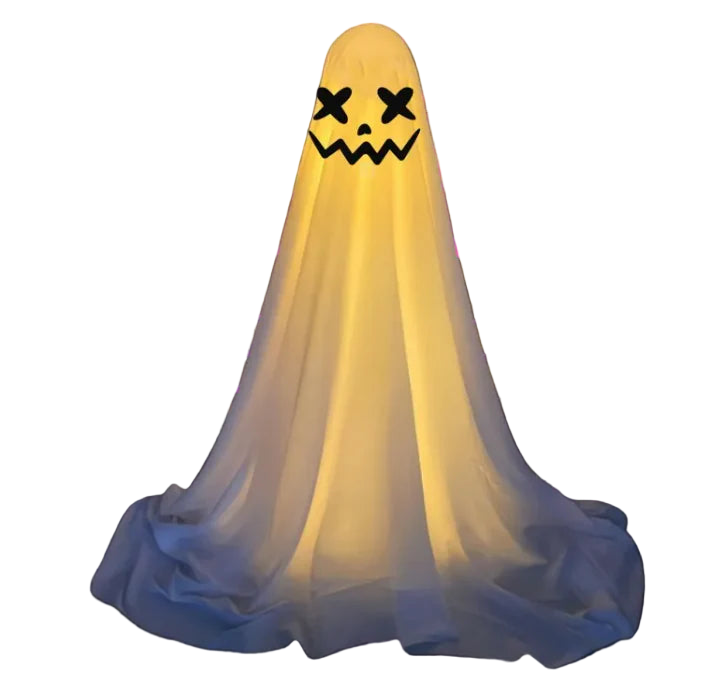 Glowing ghost figure with a black face in a dark room with purple lighting