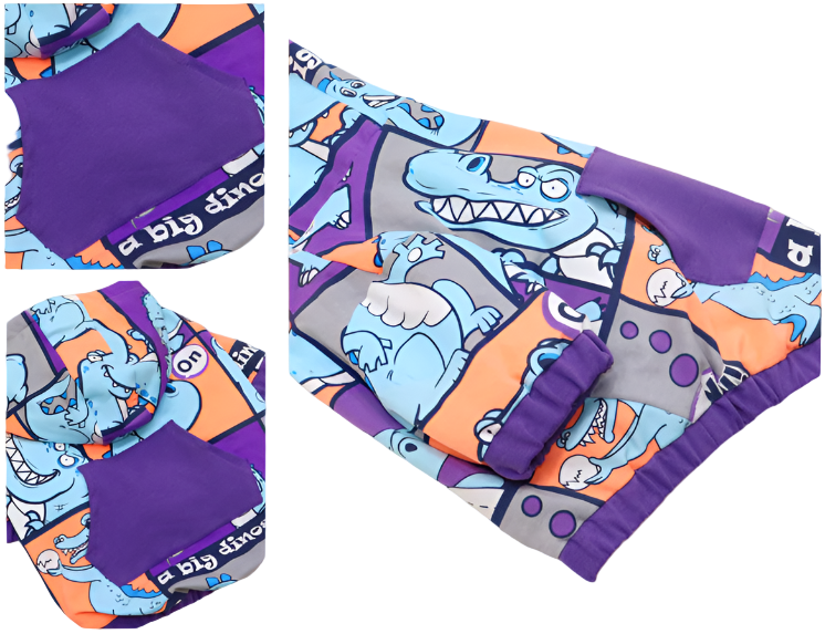 Children's clothing set with dinosaur pattern and purple accents on a light background