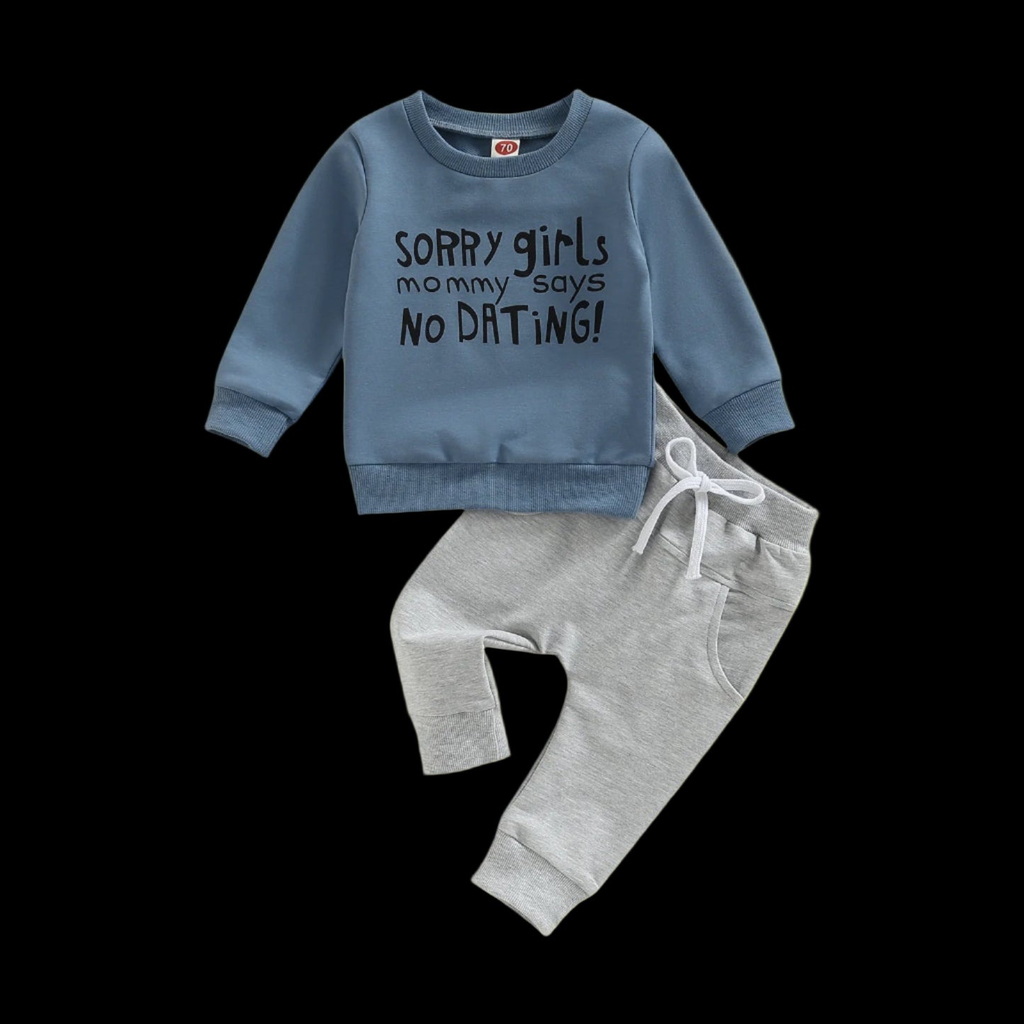 Children's blue sweatshirt and gray pants set with text on a white background