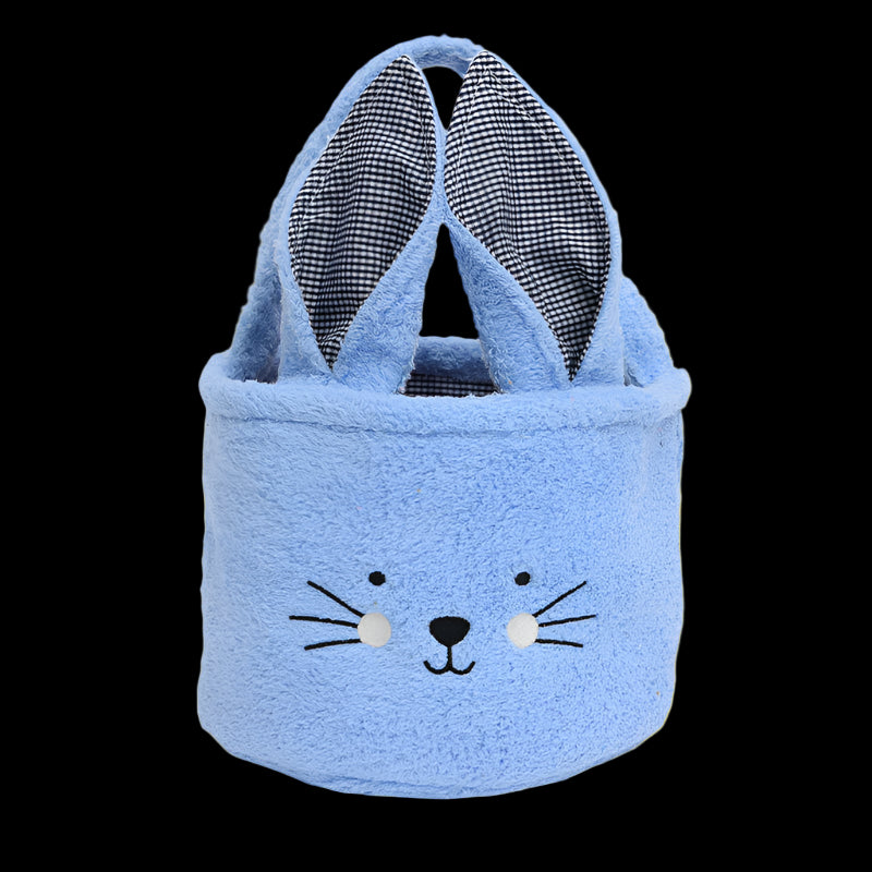 Blue bunny-shaped basket with checkered interior on a light gray background