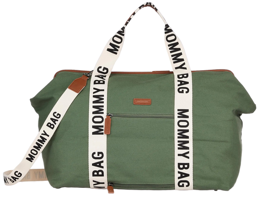 Green duffel bag with 'Mommy Bag' strap on a white background